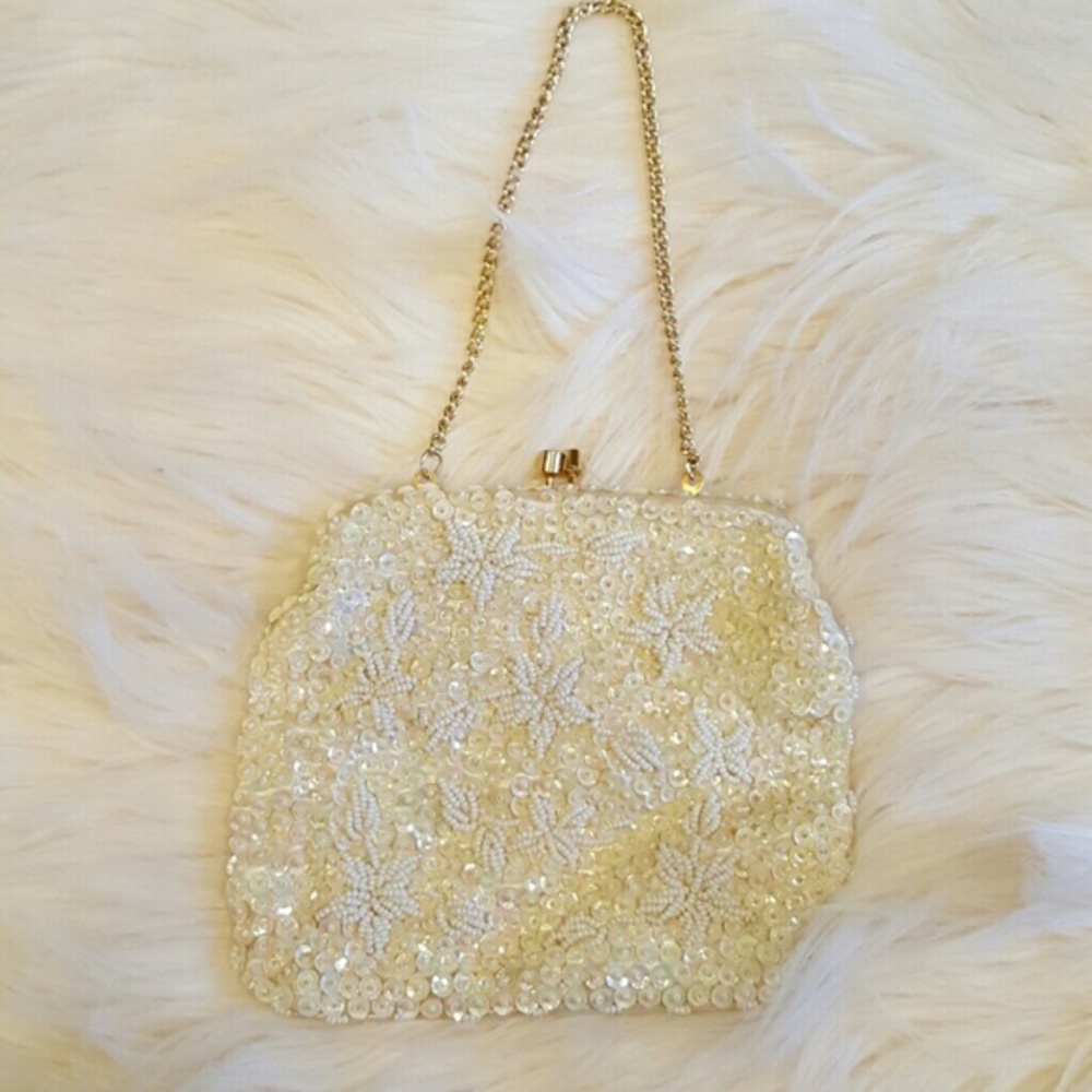 VINTAGE HONG KONG‎ TWO-SIDED HAND BEADED SEQUIN  SMALL MINI PURSE GOLD CHAIN